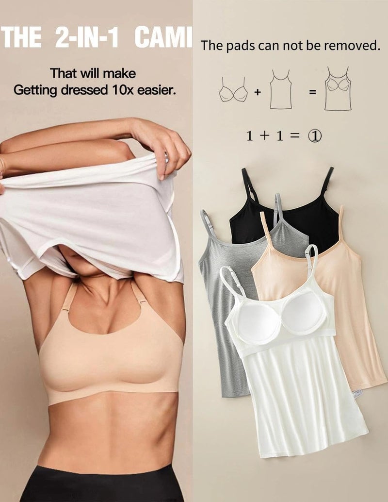 ANYFITTING 2 Pack Womens Tank Tops Adjustable Strap Camisole with Built in Padded Bra Vest Cami Sleeveless Top for Yoga Daily Wearing (L Black-White) - Image 2